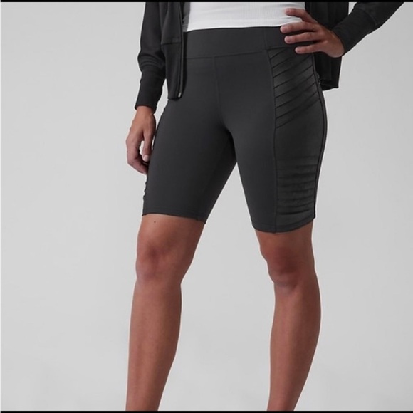 Athleta Pants - Athleta Delancey gleam moto biker shorts with faux leather on sides in black